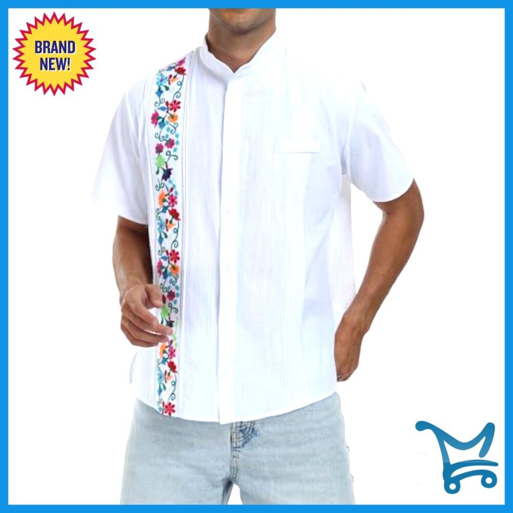 Men's Embroidered Cotton Cuban Shirt Summer Short Sleeve Button Down - Picture 4 of 7